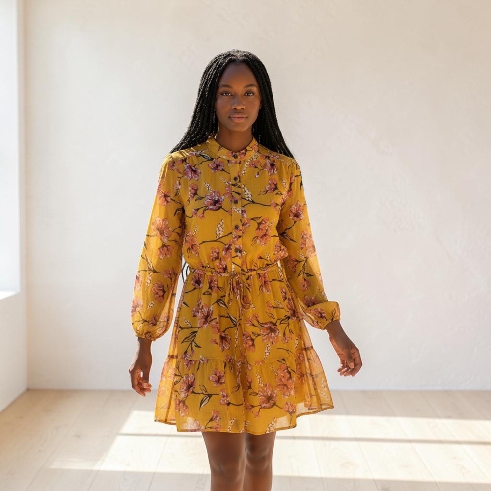 Fraiche by J Nora Floral Mini Dress Mustard Yellow Long Sleeve XS FD 3350-NORA